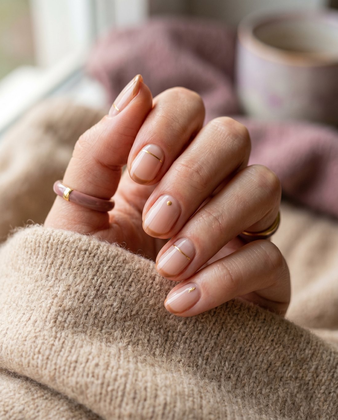 Nude nagels met fijne gouden lijn en subtiele French